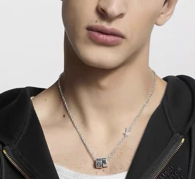 Louis Vuitton Silver Chain Necklace with Logo Charm